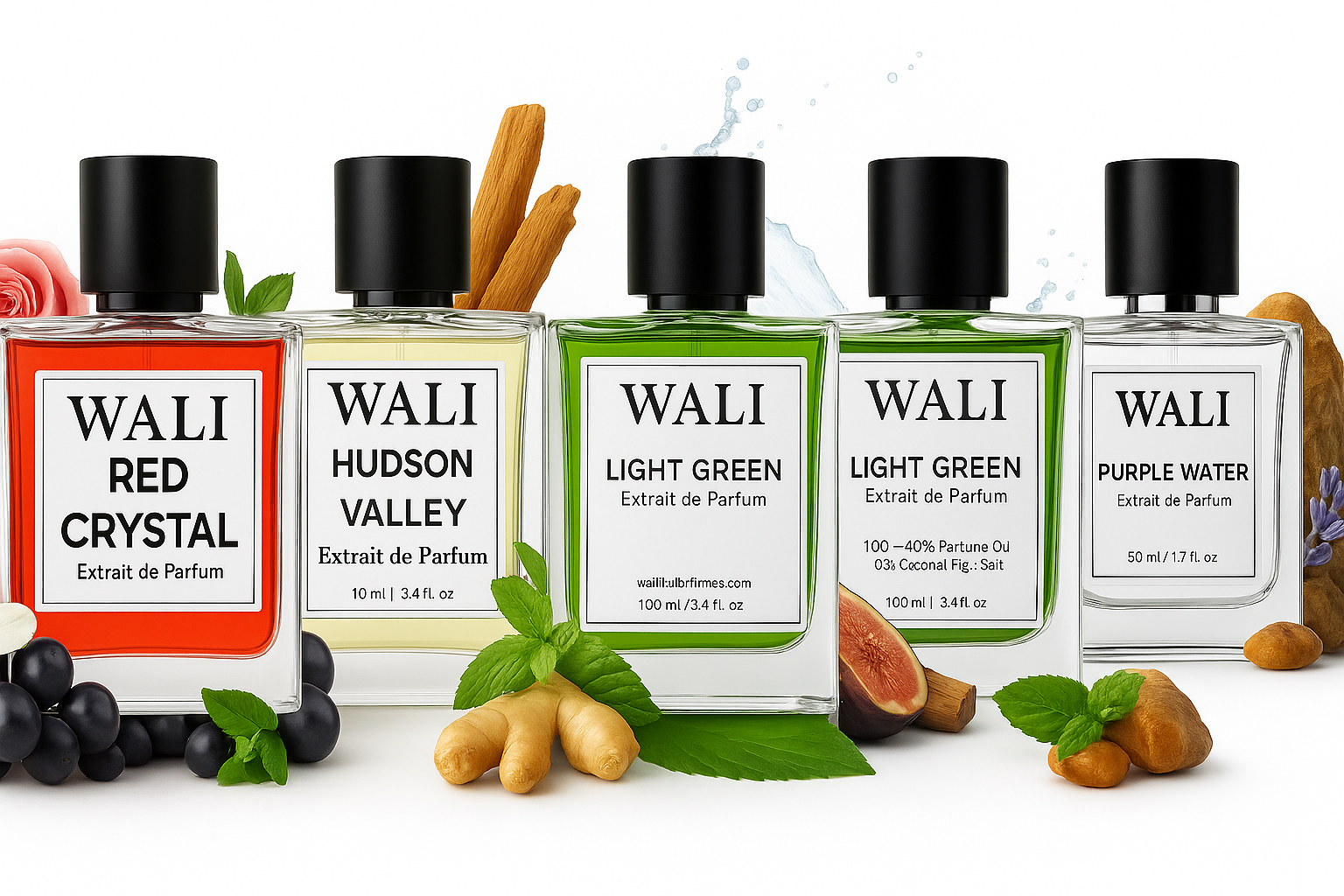 Five bottles of Wali perfumes with various ingredients on a white background